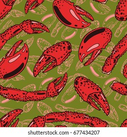 Seamless background with a pattern of hand drawn cooked red boiled crab and lobster hands with claws in scales and meat