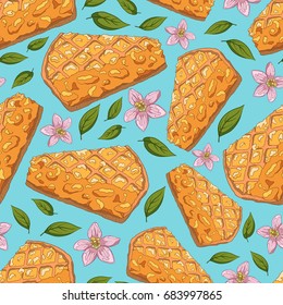 Seamless background with a pattern of hand drawn hot delicious piece of apple pie.