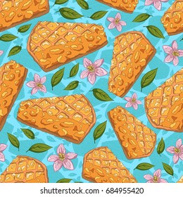 Seamless background with a pattern of hand drawn hot delicious piece of apple pie.