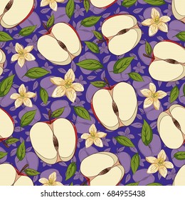 Seamless background with a pattern of hand drawn red ripe half an apple with green leaf