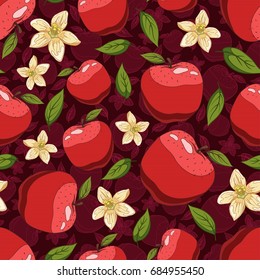 Seamless background with a pattern of hand drawn red ripe apple with green leaf