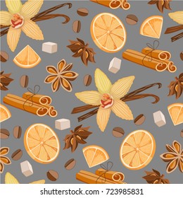 Seamless background with a pattern of hand drawn additives for coffee. Spices and seasonings. Menu design. Food background