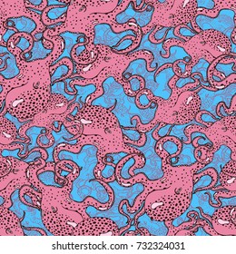 Seamless background with a pattern of hand drawn pink live octopus with tentacles.