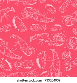 Seamless background with a pattern of hand drawn fresh cooked boiled lobster in shell with a tail and claws.