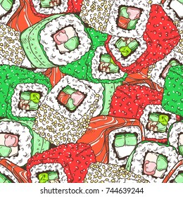 Seamless background with a pattern of hand drawn fresh delicious sushi rolls. Philadelphia, California, Alaska, roll wrapped in cucumber. Sushi set