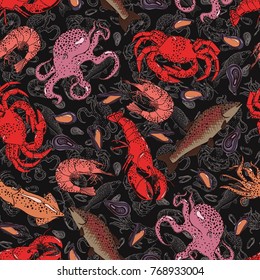 Seamless background with a pattern of hand drawn octopus, squid, lobster, crab, mussel, shrimp, salmon. Seafood on a chalkboard
