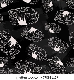 Seamless background with a pattern of hand drawn traditional fresh delicious sushi nigirizushi with smoked eel fish fillet, sauce, sesame and nori on chalkboard