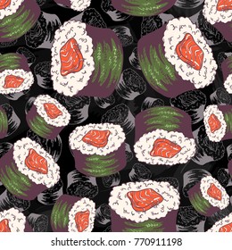 Seamless background with a pattern of hand drawn traditional fresh delicious sushi makizushi with fillet of red salmon fish on chalkboard