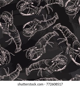 Seamless background with a pattern of hand drawn red cooked boiled lobster in a shell on chalkboard