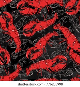 Seamless background with a pattern of hand drawn red cooked boiled lobster in a shell on chalkboard