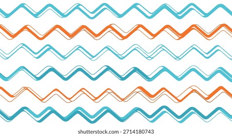 Patrón de fondo sin fisuras de líneas de chevron o zigzag dibujadas a mano en azul y naranja alternados con una textura de garabato.