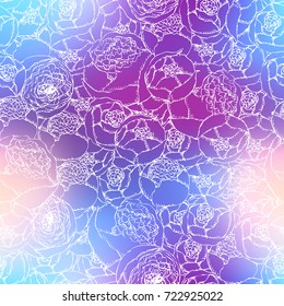 Seamless background pattern. Hand-drawn pion-shaped roses on blurred background.