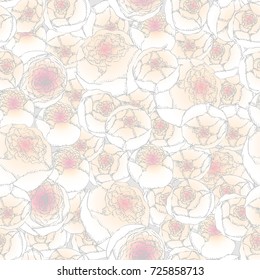 Seamless background pattern. Hand-drawn pion-shaped roses on white background.