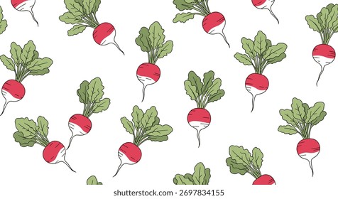 Seamless background pattern with hand-drawn red radishes and green leafy tops, creating a charming and fresh design for kitchen textiles or wallpaper.