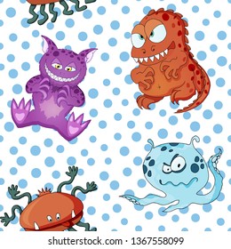 A seamless background pattern of happy, floating, cartoon, vector aliens monsters. Kiddy wallpaper or linen cloth textile design. Birthday wrapping paper.