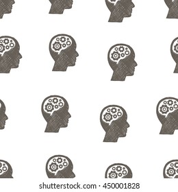 Seamless background pattern of head with a mechanical brain. Vector illustration