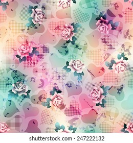 Seamless background pattern. Hearts and roses vintage pattern on grunge blurred background.
