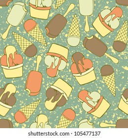 Seamless background pattern with ice cream and grunge effect on different layer, vector