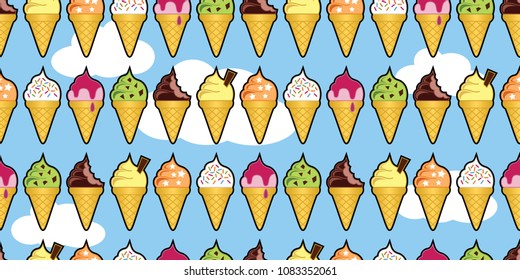 Seamless background pattern of ice cream cones on a bright blue sky