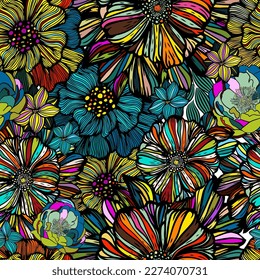 Seamless background pattern illustration. Graphic beautiful different flowers. Vector illustration. Hand drawn.