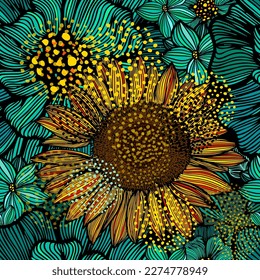 Seamless background pattern illustration. Graphic beautiful different flowers. Vector illustration. Hand drawn.