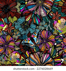 Seamless background pattern illustration. Graphic beautiful different flowers. Vector illustration. Hand drawn.