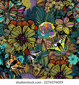 Seamless background pattern illustration. Graphic beautiful different flowers. Vector illustration. Hand drawn.