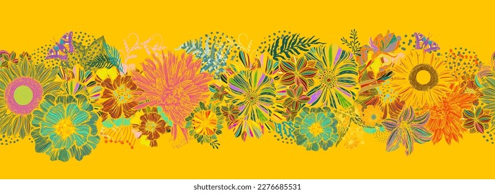 Ilustración de patrón de fondo sin inconvenientes. Gráfica y hermosas flores diferentes. Ilustración vectorial. Dibujado a mano.