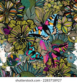 Seamless background pattern illustration. Graphic beautiful different flowers. Vector illustration. Hand drawn.