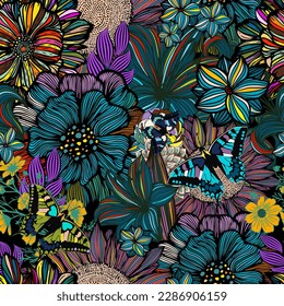 Seamless background pattern illustration. Graphic beautiful different flowers. Vector illustration. Hand drawn.