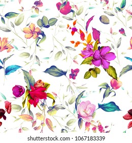 Seamless background pattern illustration. Wild rosemary, tulips with different flowers and leaf on pastel. Hand drawn. Watercolor.