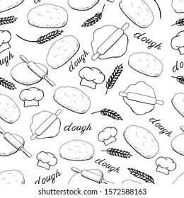 Seamless background, pattern with the image of dough, spikelets, rolling out the dough, cook. Doodle Hand lettering dough. Monochrome. For a bakery, restaurant menu, cafe, packaging.
