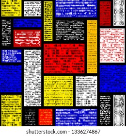 Seamless background pattern. Imitation of a abstract vintage newspaper in block design style. Unreadable text.