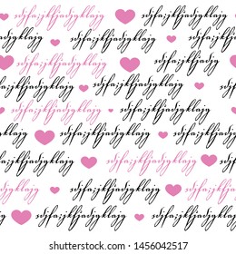 Seamless background pattern. Imitation of a abstract vintage lettering. Unreadable text with heart.