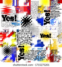 Seamless background pattern. Imitation of a abstract grunge newspaper with the word Yes.