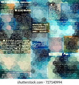 Seamless background pattern. Imitation of grunge retro halftone newspaper on blue cubes background, unreadable text.