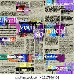 Seamless background pattern. Imitation of halftone newspaper with worlds Thank you, grateful, thankful. Vector image.