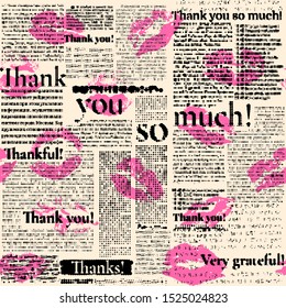 Seamless background pattern. Imitation of halftone newspaper with worlds Thank you, grateful, thankful. Vector image.