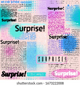 Seamless background pattern. Imitation of halftone newspaper with word Surprise.