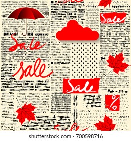 Seamless background pattern. Imitation of halftone newspaper with original lettering Sale. Autumn sale.