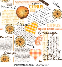 Seamless background pattern. Imitation of halftone newspaper with citrus and oranges.