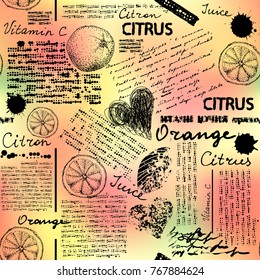 Seamless background pattern. Imitation of halftone newspaper with citrus and oranges.