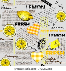 Seamless background pattern. Imitation of halftone newspaper with citrus and lemons.
