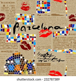 Seamless background pattern.  Imitation of newspaper Barcelona with mosaics.