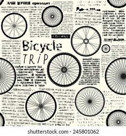Seamless background pattern. Imitation of newspaper with words Bicycle trip. Text is unreadable.