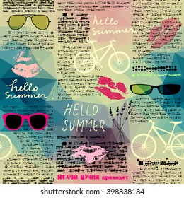 Seamless background pattern. Imitation of old newspaper, text is unreadable. Hello summer.