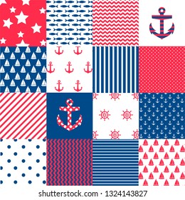 seamless background pattern imitation of a patchwork pattern . Includes: stripes, chevron, sailboat, anchor, lifebuoy, steering wheel