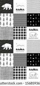 Seamless background pattern imitation of a patchwork pattern . Includes: bear, forest, trees, stripe