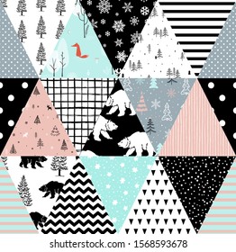 Seamless background pattern imitation of a patchwork pattern . Includes: bear, forest, trees, stripes.Vector illustration.