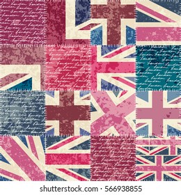 Seamless background pattern. Imitation of a retro patchwork with a London lettering.